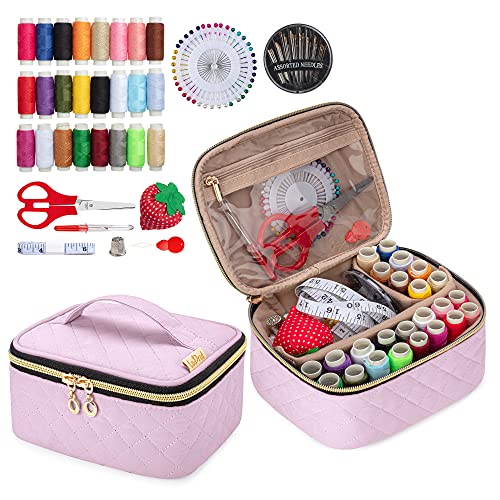 LoDrid Sewing Kit, Portable Flannel Bag with Complete Sewing Supplies for Travel & Home, Sewing Repair Kit Tools for Adults, Kids & Beginners, 24 Threads, 30 Needles & Sewing Accessories, Bright Pink