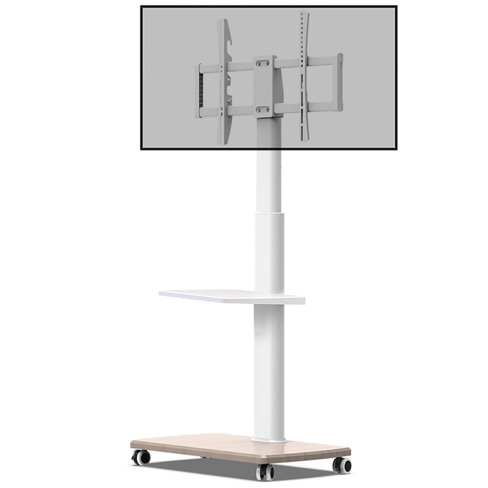 HPTHLY Mobile Tv Cart Stand With Wheels - Lcd Tv Floor Stand, Height Adjustable White Tv Stand On Wheels, Solid Wood Base And Adjustable Storage Rack, For 37-75 Inch Tv, Bearing 40Kg