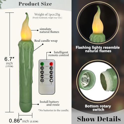 Image of Real Wax LED Flameless Short Taper Candles with Remote, 6.7 Inches Grass Green Candlesticks, Dripless Battery Operated Flame Rustic Primitive Flameless Spring Candles for Home, Pack of 4