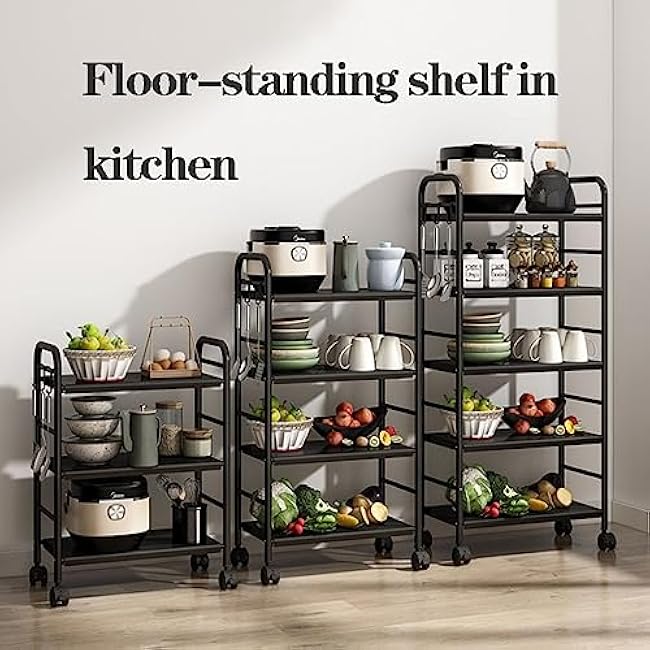 5-Tier Storage Rack Utility Cart Kitchen Trolley Rolling with Lockable Wheels for Narrow Place,Drink Trolleys Service Unit Vegetable (Color : Nero, Size 4-Tier (Nero 4)-I4RcUbv9