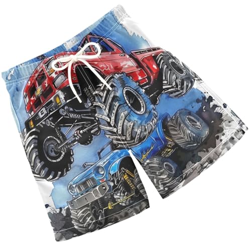 Pigsaly Boys' Swim Board Shorts Hand Drawing Blue Monster Truck Red Boy's Swim Trunks Kids Swimwear M