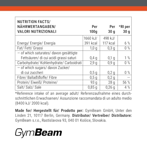 GymBeam Rinderprotein – Rinderproteinpulver mit über 90% Protein, leicht verdaulich, laktosefrei, geringer Zucker- und Fettanteil, alternative Proteinquelle für Sportler, (1000 g, Vanilla)