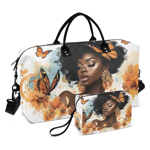 Duffle Bag Woman African Butterfly for Travel, Gym Bag with Multiple Interior Pockets for Men Women Overnight Purse Included 20.5 x 1.9 x 13.8 In