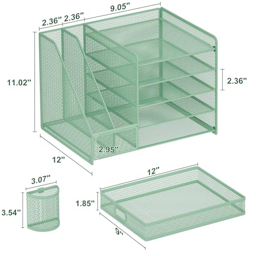 Image of Marbrasse Desk Organizer with File Holder, 5-Tier Paper Letter Tray Organizer with Drawer and 2 Pen Holder, Mesh Desktop Organizer and Storage with Magazine Holder for Office Supplies (Green)