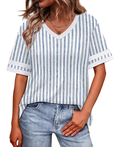Image of WIHOLL Womens T Shirts Loose Fit Short Sleeve Tees V Neck Color Block Summer Tops 2026 Fashion S-4XL