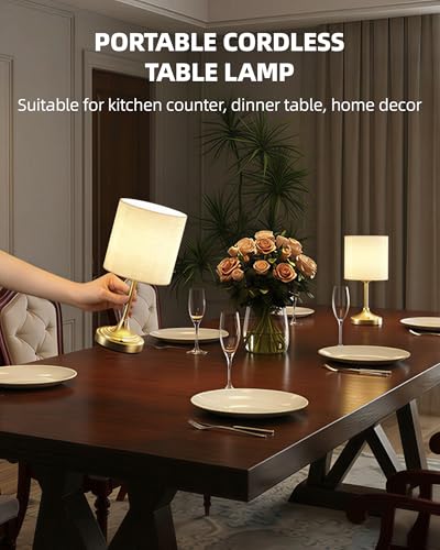Image of Wireless Lamp, 2-Pack, 8000mAh, Dimmable, Ambient Light, 2700K, Touch Control, Portable, Small, LED, Rechargeable Table, Rechargeable, Cordless, Desk Lamp, Kitchen Lamp, Fabric Shade, for Dining Room