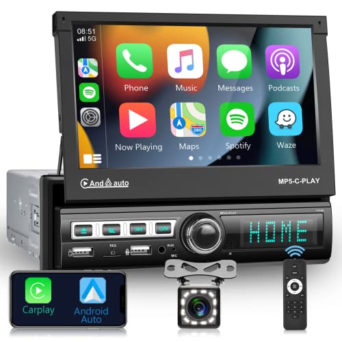 Podofo Autoradio 1 Din Apple Carplay Bluetooth avec 7'' Autoradio ecran Motorisé Retractable Lien Miroir Android Auto Dual USB/FM/AUX/SD/MIC Autoradio avec Camera de recul