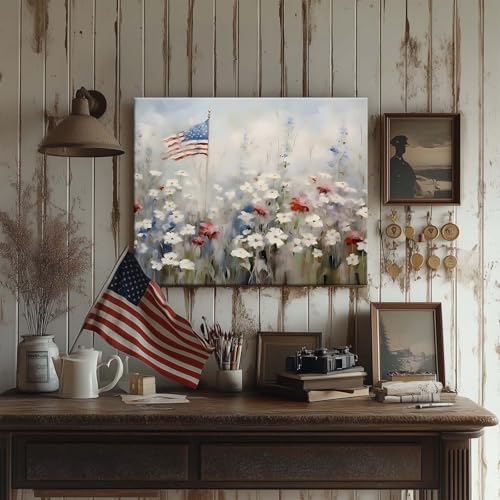 Image of Memorial Day Wall Art, White Flower Field with American Flag Print, Soft Pastel Patriotic Landscape Poster, Rustic Framed Print Oil Painting for Farmhouse and Summer Independence Decor 8x10inch