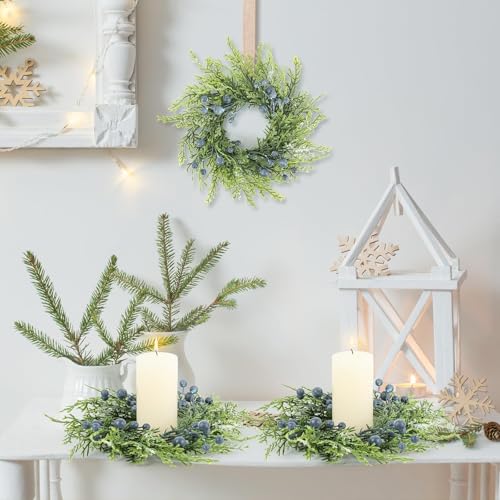 Image of 6 Pcs Mini Blueberry Wreaths Candle Rings Artificial Spring Summer Candle Wreaths for Pillars Rustic Wedding Farmhouse Wreath Table Centerpiece Decoration for Cabinet Kitchen Front Door Home Decor