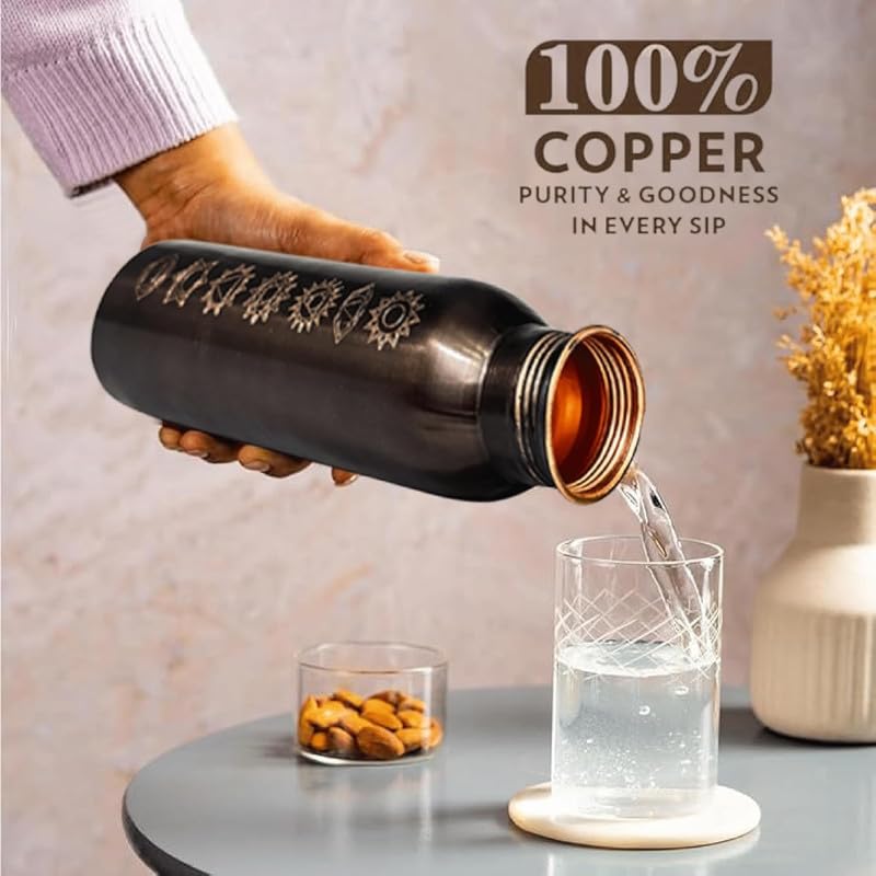Image of Luxury Copper Finish Bottle Gift Set - Premium Engraved 1L Leak-Proof Bottle with 2 Matching 300 ml Water Glass Tumblers for Home, Office & Gifting