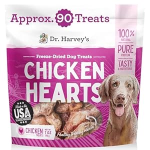 Dr. Harvey’s Raw Freeze Dried Chicken Hearts Training Dog Treats, Single Ingredient, with Real Chicken Hearts for Dogs, 7 Ounces