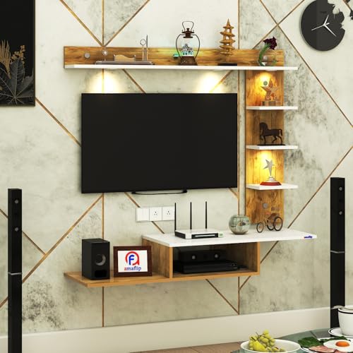 Image of Wintor Engineered Wood Wall Mounted TV Unit with 4 LED Lights,3 Open Shelves,1 Storage Box & Decorative Display Shelf for Living Room | Ideal for Upto 43 Inch TV- GiantWood /White(DIY Assembly)
