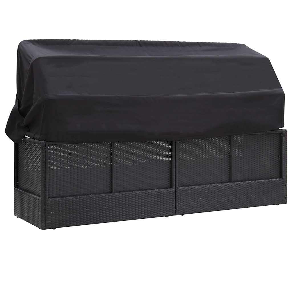 Divano letto da esterno con tettuccio in rattan sintetico resistente, nero, resistente alle intemperie, con tettuccio parasole girevole, 205 x 62 x 124 cm, cuscino morbido per prendere il