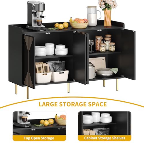 DWVO 55" Kitchen Storage Cabinet with Carved Design Door, Adjustable Shelves, Modern Sideboard Buffet Cabinet with Storage for Hallway, Kitchen or Living Room, Black
