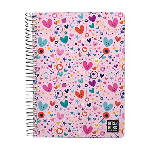 Grafoplás | Cuaderno Cuarto | 80 Hojas Cuadriculadas 4x4 90g | Tapa Plastico | Espiral | Colección Diseño Bits&Bobs Pop Up Design Hearts | Certificado FSC
