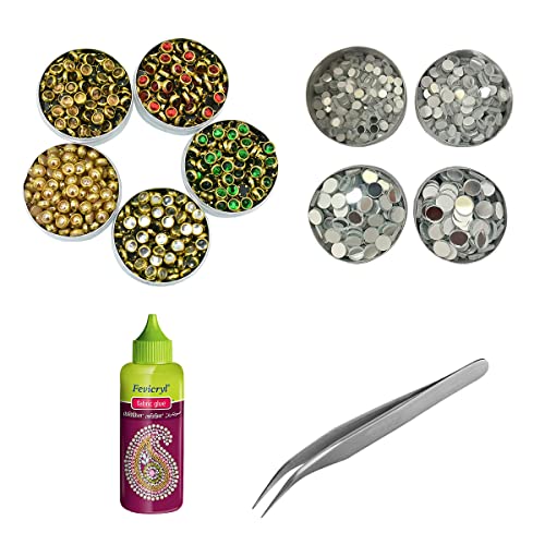 Image of Embroiderymaterial Combo DIY Kit Of Flat Kundan Stone Beads, Grinded Shisha Mirror, Tweezers & Fabric Glue For Craft, Jewellery Making, Embroidery, Bangles Making, Embellishment, Multicolor