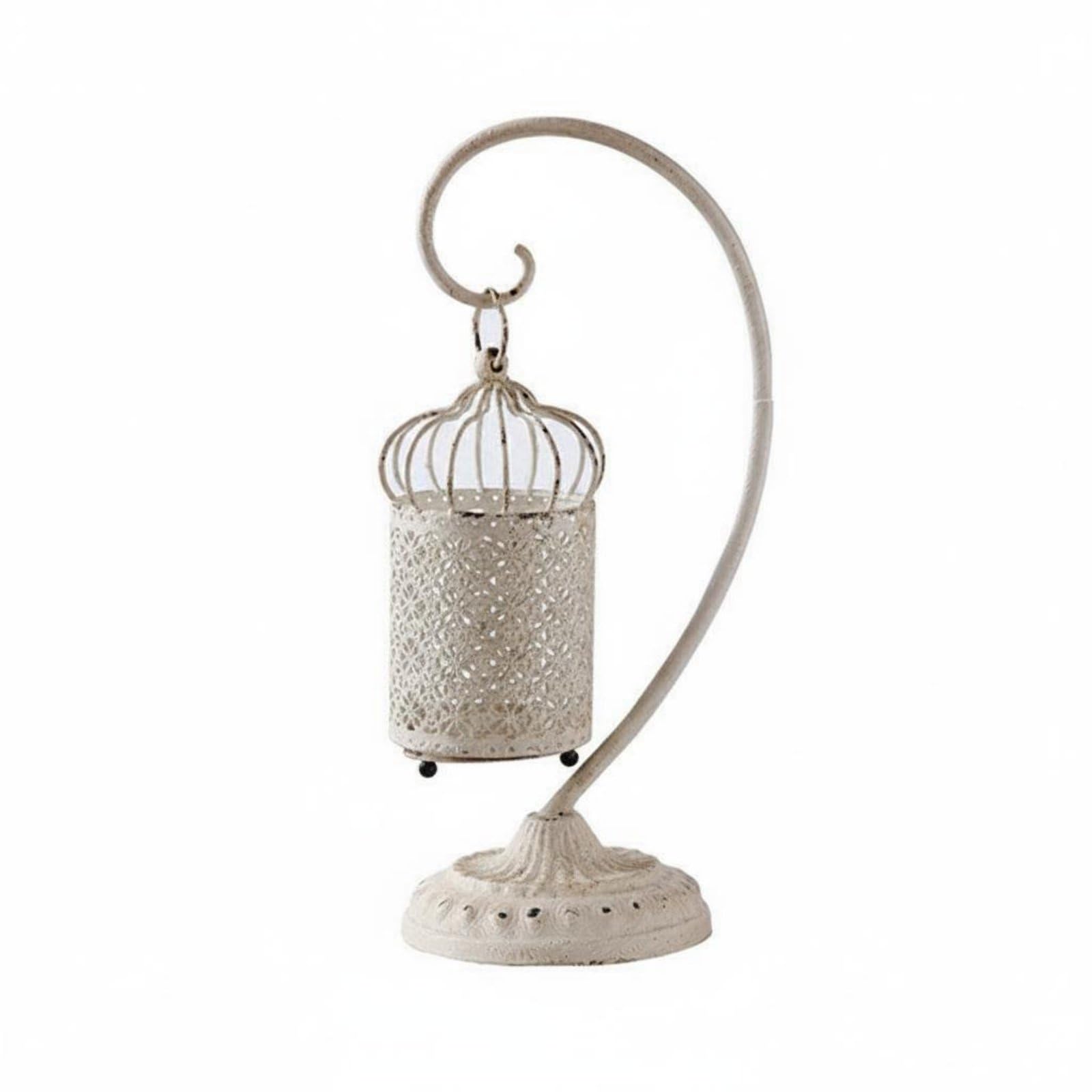 Portavelas Decorativo Farol Colgante Linterna Soporte Gancho Curvo Hierro con Base Estable Cuerpo Cilíndrico con Calados Florales Ilumina con Dibujos, Blanco