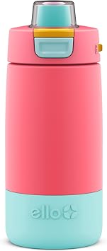 Ello Kids Colby 12oz زجاجة مياه معزولة من الفولاذ المقاوم للصدأ مع مقبض من القش ومحمصة سيليكون مدمجة وقفل قفل مقاوم للتسرب لحقيبة الظهر المدرسية وصندوق الغداء والرياضات الخارجية