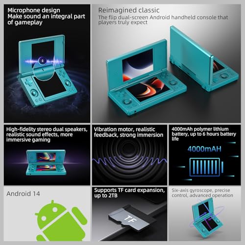 Image of Daxceirf RG DS Flip Retro Handheld Game Console, RGDS 4.0 Inch Dual IPS Touch Screen Android 14 System 4000mAh Battery 3+32GB(RG DS-Blue)