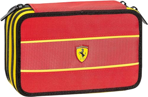 Clondo Astuccio Triplo Riempito Bambino, Per Ferrari Fan Bambini, 45 Accessori Scuola, 3 Zip, Scomparti Organizzati, Pastelli, Pennarelli, Forbici