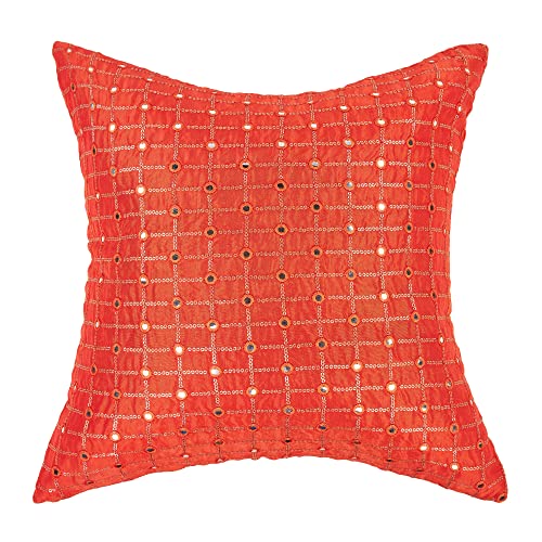 Image of Orange Embroidered 20x20 Cushion Cover Set of 2, Couch Pillow Cover with Mirror Embroidery
