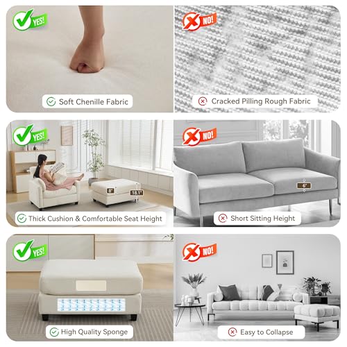 Image of WUTUTUEE 57.5 inch Oversized Chaise Lounge with Ottoman Indoor, White Reading Chair with Ottoman & Sofa Bed, Chenille Upholstered Comfy Sleeper Chair for Living Room, Bedroom, Office