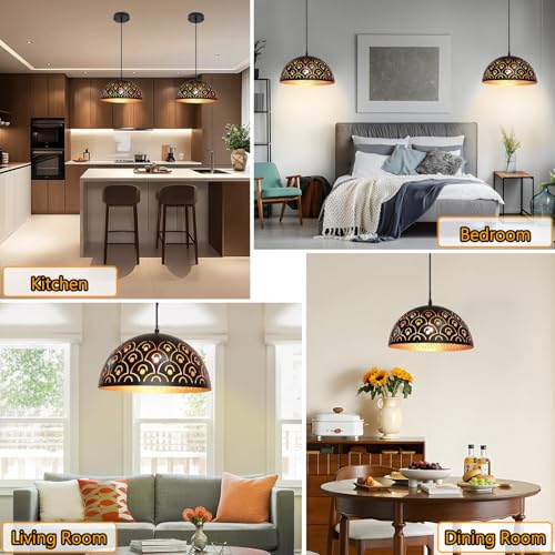 Image of Pendant Lights Kitchen Island Farmhouse Set of 2, Black And Gold Hanging Lamp Retro, Adjustable Height, 11.8 in Hollow Lampshade, E26 Vintage Chandeliers for Dining Room, Bedroom, Hallway, Entryway