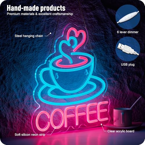 Image of Coffee Neon Sign for Business, USB Powered Dimmable Bright Signs for Coffee Shop Bar Station (16.5 X 12.6 in)