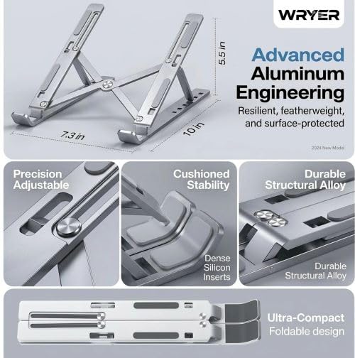 Image of Foldable Aluminium Laptop Stand with Carry Bag, Silver | Adjustable Height, Portable Design, Non-Slip Base, Fits Up to 15.6 inch, Includes Storage Pouch