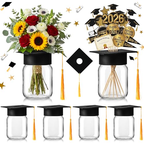 6 Sets 2026 Graduation Centerpieces for Tables Mason Jar Centerpieces with Graduation Cap with Hole for Flowers Class of 2026 Table Decorations Congrats Party Supplies for College High School