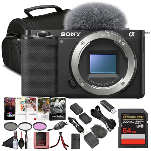 Sony ZV-E10 Mirrorless Digital Camera Body (ILCZV-E10) – 24.2 MP APS-C Sensor, 4K Video, Vari-Angle Screen w/ 64GB Card + Photo Software + Bag + NPF-W50 Battery and More