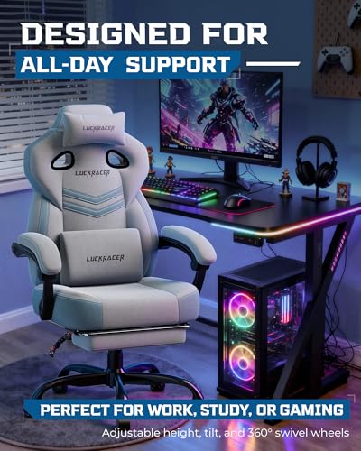 LUCKRACER Chaise de gaming avec accoudoirs connectés, coussin en mousse à mémoire de forme, angle d'inclinaison de 90 à 155 ° et repose-pieds en tissu fonctionnel résistant, gris – Image 5