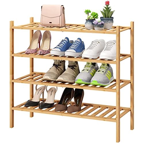 4-Tier Bamboo Shoe Rack for Entryway, Stackable | Foldable | Natural, Shoe Organizer for Hallway Closet, Free Standing Shoe Racks for Indoor Outdoor