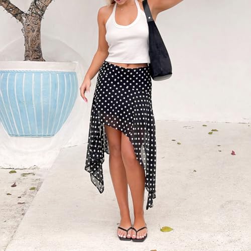 Women Polka Dot Asymmetrical Midi Skirt Mid Rise Sheer Mesh Skirts Summer Skirt Black and White2