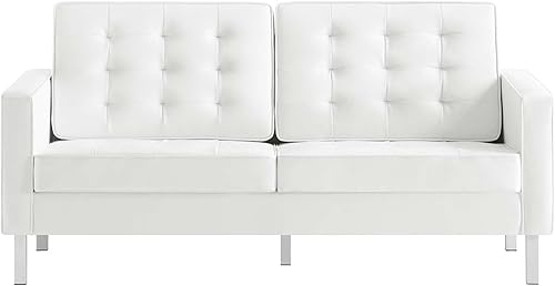 Miniatura 6 de Modway Sofá de dos plazas tapizado de piel sintética con botones copetudos en blanco plateado