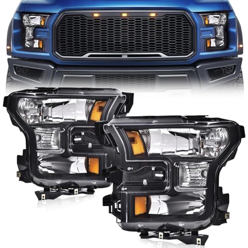 Image of G-PLUS Headlights Assembly, Compatible with Ford F150 2015 2016 2017 Bumper Headlamps W /o Bulbs, Clear Lens Black Housing Amber Reflector Luces delanteras,faro delantero,faros delanteros