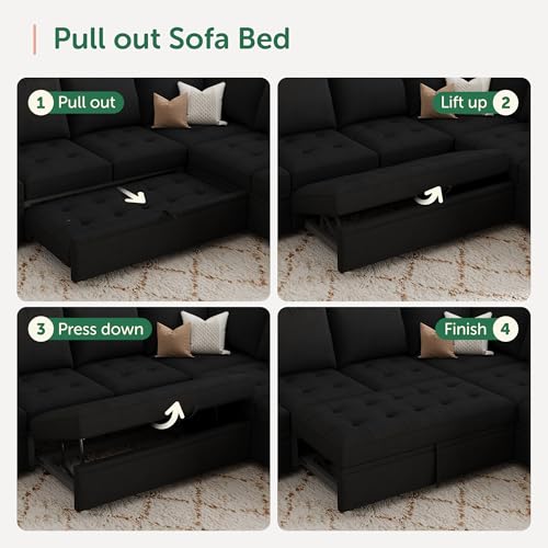 Image of HONBAY Modular Sectional Sleeper Sofa with Pull Out Bed, L Shaped Couch with Storage Seat Sectional Couches for Living Room,Velvet Black