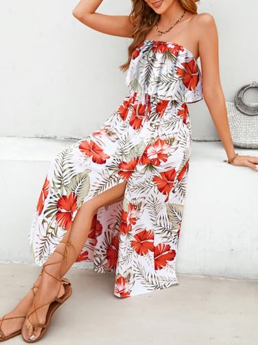 Image of Women's Ruffle Floral Maxi Summer Casual Dress Off Shoulder Wedding Guest Slit Hem Beach Prom Dresses