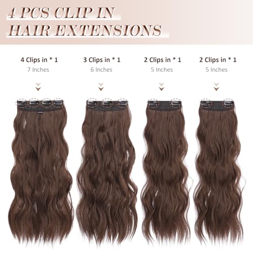FESHFEN Clip in Hair Extensions 4 PCS Thick Hairpieces Chocolate Brown Long Wavy Clip in Hair Piece Full Head Synthetic Hair Extensions for Women 20 Inches - Image 2