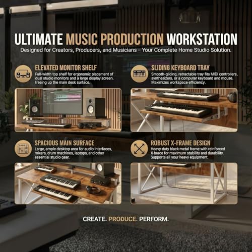 Image of FFO Music Studio Desk | Music Studio Desk with Keyboard Tray | Workstation,Laptop PC Computer, Music Instrument Table for Music Producers | (150L x 60W x 87H CM) | DIY White and Coach Wood