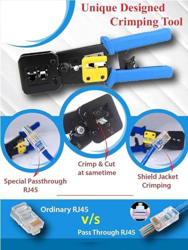 Image of XIKKART Tools Kit, Passthrough RJ45 Crimping Tool Ethernet Crimper for Cat6 Cat5 Cat5e RJ45 Pass Through Connectors and R11 /RJ12 Regular Ends with 30Pcs Connectors, 30Pcs Boot Covers & 1 Wire Stripper
