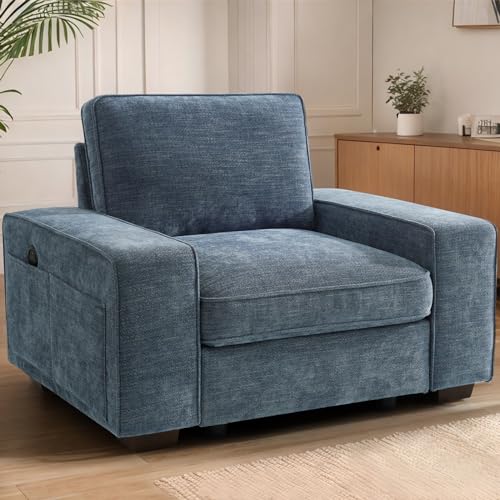 Image of TEKAMON 45" Accent Chair with Seat Storage, Oversized Single Sofa Chair, Modern Chenille Fabric Armchair for Living Room/Office with Wide Armrests, Side Pockets, USB Charging Washable Covers(Blue)