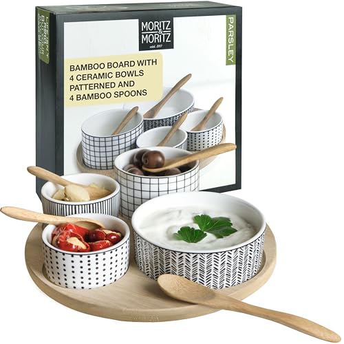 Moritz & Moritz 4X White Dip Bowl Set with Wooden Tray - Snack Bowls Set Ceramic - Serving Set with Spoons