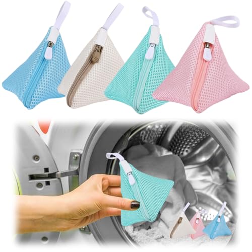Mesh Laundry Bags, 4 Mini Triangle Wash Bags for Delicates, Small Laundry Bag Set for Washing Machine, Portable Travel Clothing Protection, 12 cm Each in Sage Green, Pink, Sky Blue, Beige