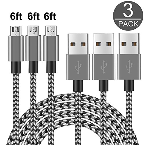 COCOFU Micro USB Cable, 6FT(3Pack) Extra Long Nylon Braided Universal Micro USB Charger High Speed Sync&Charge Cord Wire for Android, Samsung, HTC, Motorola, LG,Tablet and More (Black+Gray)