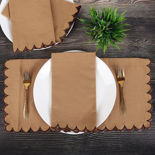 Image of FINGERCRAFT Scallop Edge Cloth Napkins | Set of 6 | 20x20 Inches | 100% Cotton | Table Napkins for Any Occasion | Washable, Perfect for Parties and Everyday Use (Brown Slub, Set of 6)