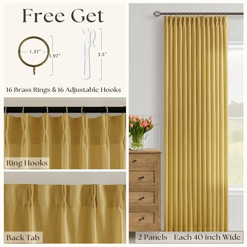 Image of Mustard Yellow Pinch Pleated Semi Sheer Linen Curtains 90 Inch for Bedroom | Living Room, Drapes, Light Filtering Privacy, Flax Textured, Hook Rings Memory Shape, Modern Boho, Golden Ochre, 90 inch Long