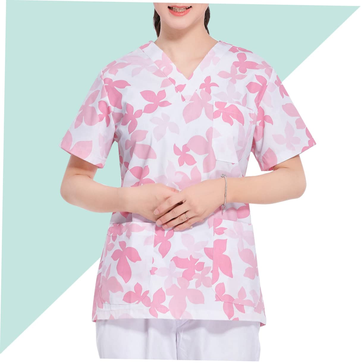 Garneck Divisa da Infermiera in Cotone Motivo Acero Uniforme Ospedaliera Maniche Corte Abiti da Lavoro Due Pezzi Scollo V per Estetista Clinica