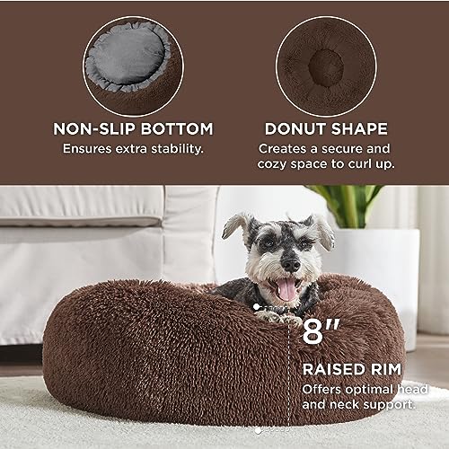 Image of Bedsure Calming Dog Bed for Small Dogs - Donut Washable Small Pet Bed, 23 inches Anti-Slip Round Fluffy Plush Faux Fur Large Cat Bed, Fits up to 25 lbs Pets, Coffee