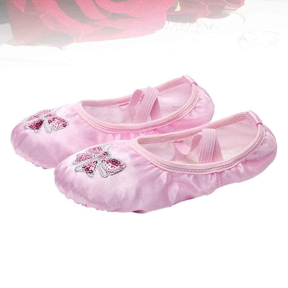 EXCEART Pink Ballet Slippers Kids Yoga Shoes Satin Dance Shoes Embroidery Sequins Non-Slip Canvas Sole Size 27